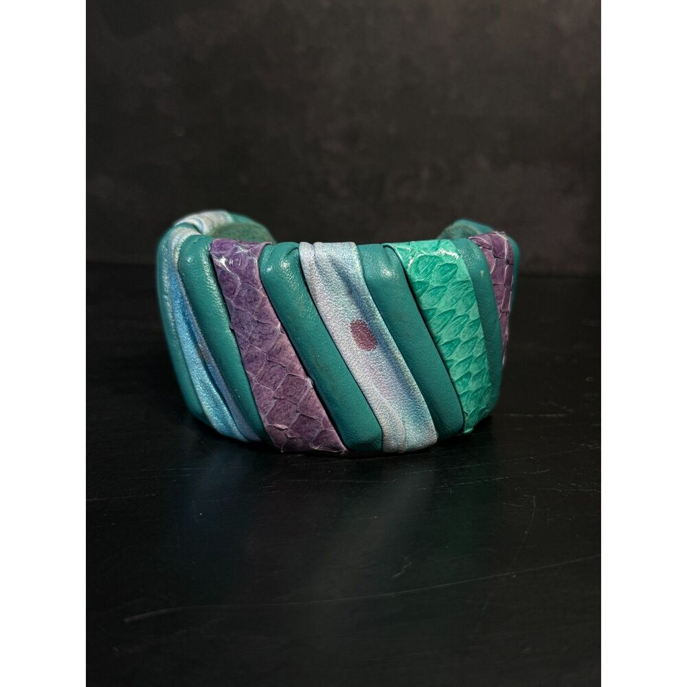 1980s Wide Cuff Bracelet Teal Purple Scaled Size 6